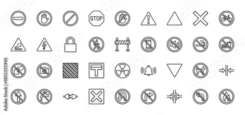 Safety and prohibition warning line icon set. Vector pictograms of stop, ban, caution, radiation, no entry, smoking, fire, water, and traffic signs, thin outline illustration.