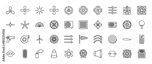 Ventilation and airflow line icon set. Vector pictograms of fan, propeller, turbine, wind, blower, air conditioner, and exhaust, thin outline illustration.