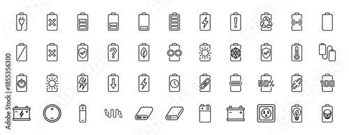 Battery and power line icon set. Vector pictograms of charging, energy level, electric plug, renewable solar, power bank, and recycling, thin outline illustration.