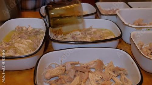The process of preparing aspic for the holiday shows the movements of the product, meat, water, broth chinese food in a restaurant