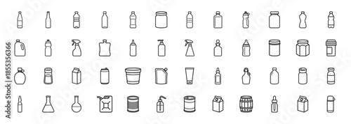 Packaging and liquid container line icon set. Vector pictograms of bottles, jars, cans, spray, pump, carton, tube, barrel, flask, and pouch, thin outline illustration.