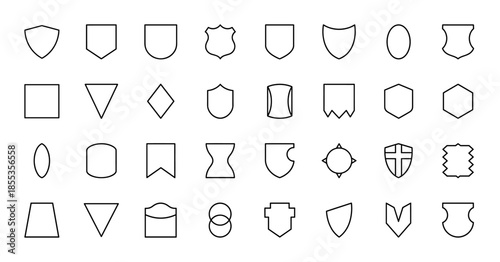 Shield and heraldry line icon set. Vector pictograms of protection emblems, coat of arms, secure badges, armor plates, and defensive shapes, thin outline illustration.