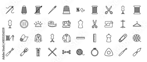 Sewing and tailoring line icon set. Vector pictograms of needles, thread, scissors, mannequin, buttons, pins, tape measure, sewing machine and zippers, outline illustration.