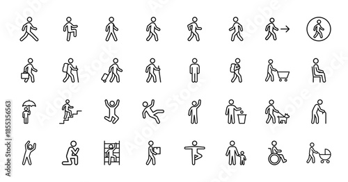 Human activity and lifestyle line icon set. Vector pictograms of people walking, hiking, climbing, sitting, falling, and pushing a stroller, thin outline illustration.