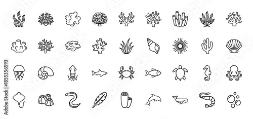 Ocean life line icon set. Vector pictograms of coral, fish, shark, turtle, octopus, seahorse, jellyfish, whale, crab, shrimp, and shells, thin outline illustration.