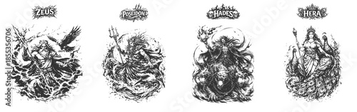 Powerful Greek Gods Vector Illustration Set Featuring Zeus Poseidon Hades and Hera in a Detailed Hand Drawn Engraving Style for Mythology Design Themes.