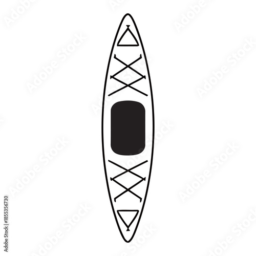 Top view illustration of a modern black and white recreational kayak boat isolated on white background.