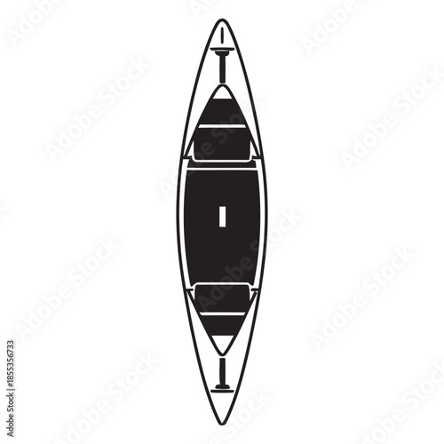 Top view illustration of a modern black and white recreational kayak boat isolated on white background.