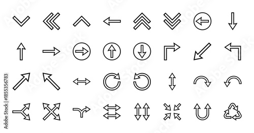 Arrow line icon set. Vector pictograms of pointer, chevron, reload, expand, cycle, curve, direction, navigation, and interface elements, thin outline illustration.