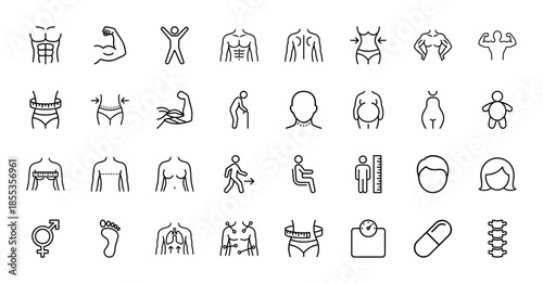 Human body and health line icon set. Vector pictograms of anatomy, muscles, weight loss, pregnancy, lungs, spine, and medical measurements, thin outline illustration.