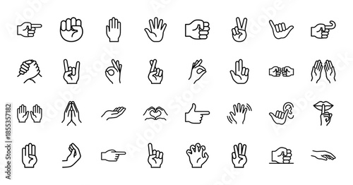 Human hand gestures line icon set. Vector pictograms of pointing, fist, waving, peace sign, rock on, prayer, handshake, heart, and okay, thin outline illustration.