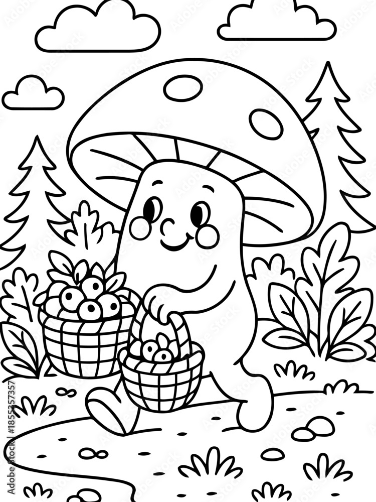Obraz premium Cheerful Mushroom's Harvest: An endearing illustrated mushroom figure joyfully gathers berries, amidst a lush forest landscape. with baskets filled and a radiant smile.