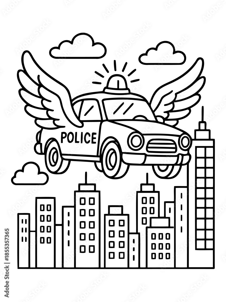 Naklejka premium Flying Police Car over City: A whimsical illustration depicts a police car soaring through the cityscape with wings, signifying safety and security. This illustration brings a dynamic scene