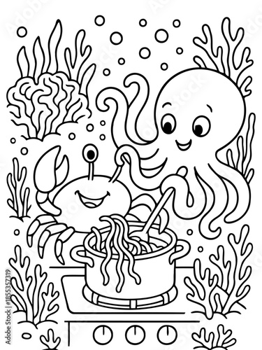 Underwater Cookout: A whimsical illustration of an octopus and crab collaborating in an underwater kitchen, with playful coral and bubbles adding to the marine adventure.