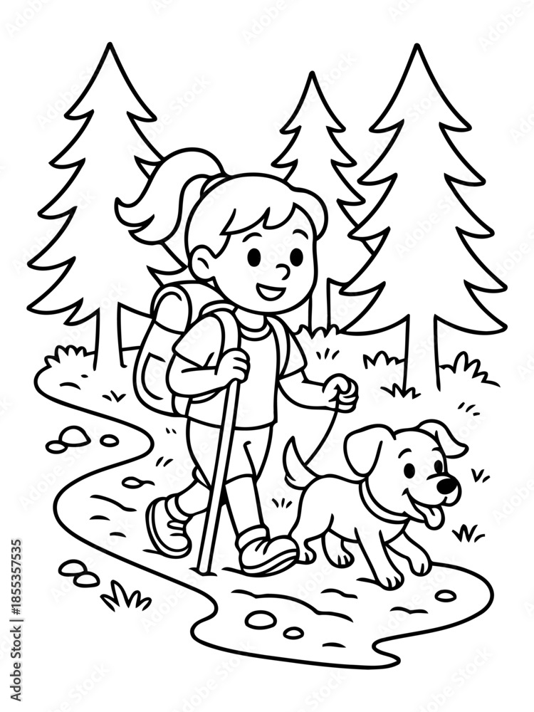 Fototapeta premium Hiking Adventure with Companion: A cheerful cartoon depicts a young person on a scenic hiking trail, accompanied by a loyal dog, creating a scene of outdoor exploration and friendship.