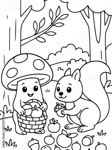 Autumn Harvest Friendship: A heartwarming illustration of a friendly squirrel and a mushroom character happily sharing an autumn harvest bounty, surrounded by apples and acorns.