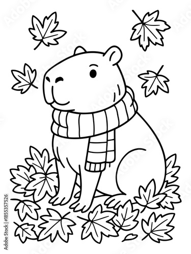 Capybara in Autumn: An adorable capybara, adorned with a cozy scarf, rests amidst fallen autumn leaves, evoking warmth and the essence of the season. 
