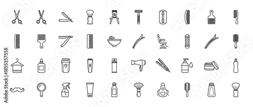 Barbershop line icon set. Vector pictograms of scissors, razor, comb, hair dryer, clipper, shaving brush, sink, chair, and spray bottle, thin outline illustration.