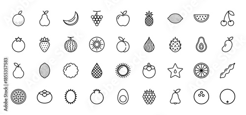 Fruit and berry line icon set. Vector pictograms of strawberry, banana, pineapple, grape, watermelon, cherry, avocado, and orange, thin outline illustration.