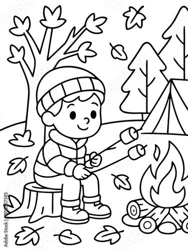 Campfire Delight: An illustration showing a young person roasting marshmallows over a crackling campfire, embodying the spirit of outdoor adventures and cozy moments. 