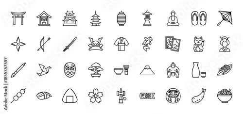 Japanese culture line icon set. Vector pictograms of sushi, torii gate, pagoda, samurai sword, bonsai, origami, and lucky cat, thin outline illustration.