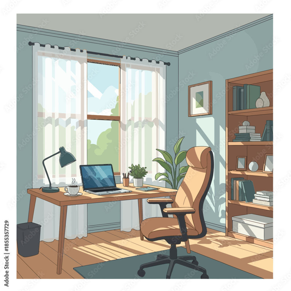 Fototapeta premium Cozy Home Office with Laptop, Desk, Chair, and Bookshelf - Natural Light