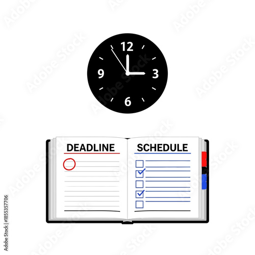 Clock and Open Planner with Deadline and Schedule Checklists, Time Management Concept