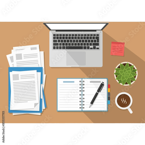 Flat lay of a desk with laptop, notebook, documents, coffee, and plant.