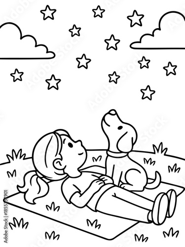 Dreamy Night Sky: A young girl and her loyal canine companion lie on a blanket, gazing upwards at the sparkling stars that pepper the night sky. Witnessing this scene of friendship and wonder.