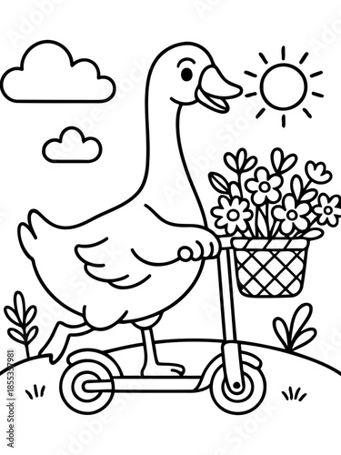Goose on Scooter's Floral Delivery: An adorable goose, perched on a scooter, carries a basket overflowing with flowers against a bright sunny backdrop.