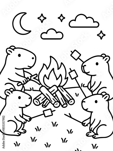 Marshmallow Roasting under the Moonlight: Playful capybaras gather around a crackling campfire, roasting marshmallows under a serene night sky. Their innocent joy encapsulates a feeling of unity.