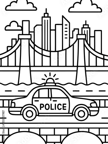 Cityscape Patrol: A detailed line art illustration featuring a police car cruising through a bustling cityscape.