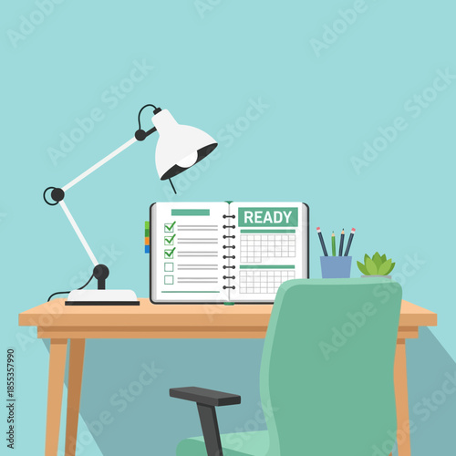 Ready for Work: Desk with Lamp, Planner, and Chair - Business Concept