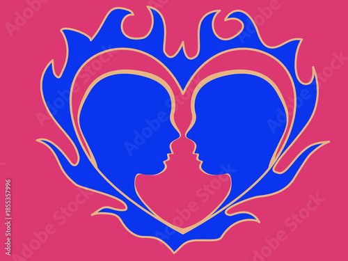 The silhouette of a couple in a burning heart. Couple in love, emotion. Vector illustration. Love in flames.
