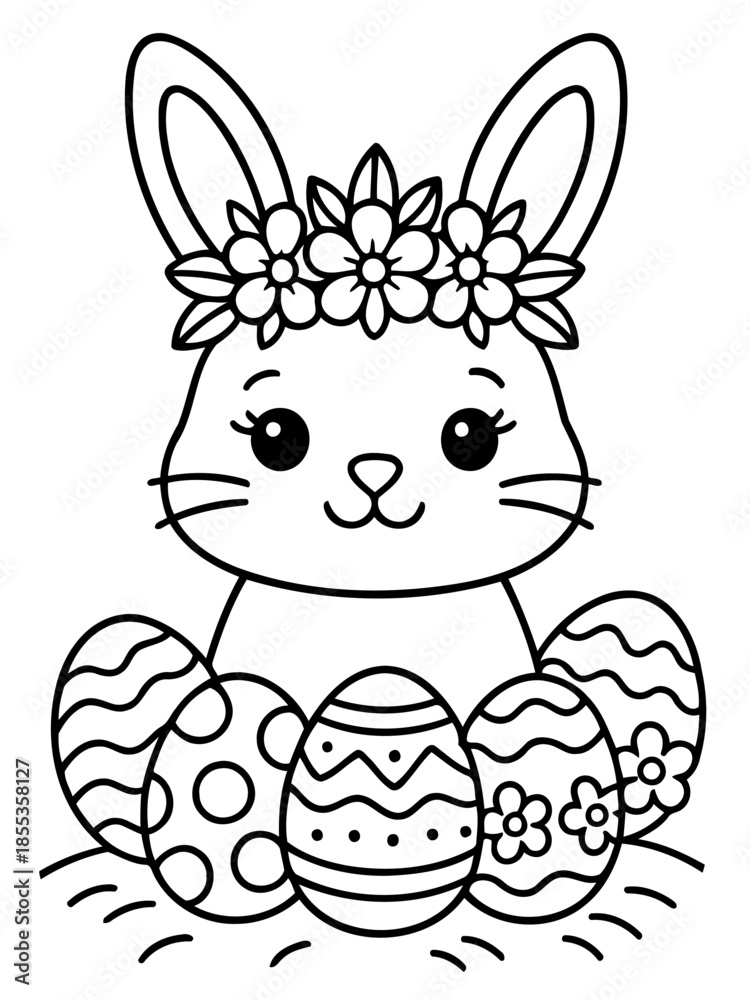 Fototapeta premium Easter Bunny Delight: An adorable bunny adorned with a floral crown, nestled amongst vibrantly decorated Easter eggs. This image evokes feelings of joy and celebration.