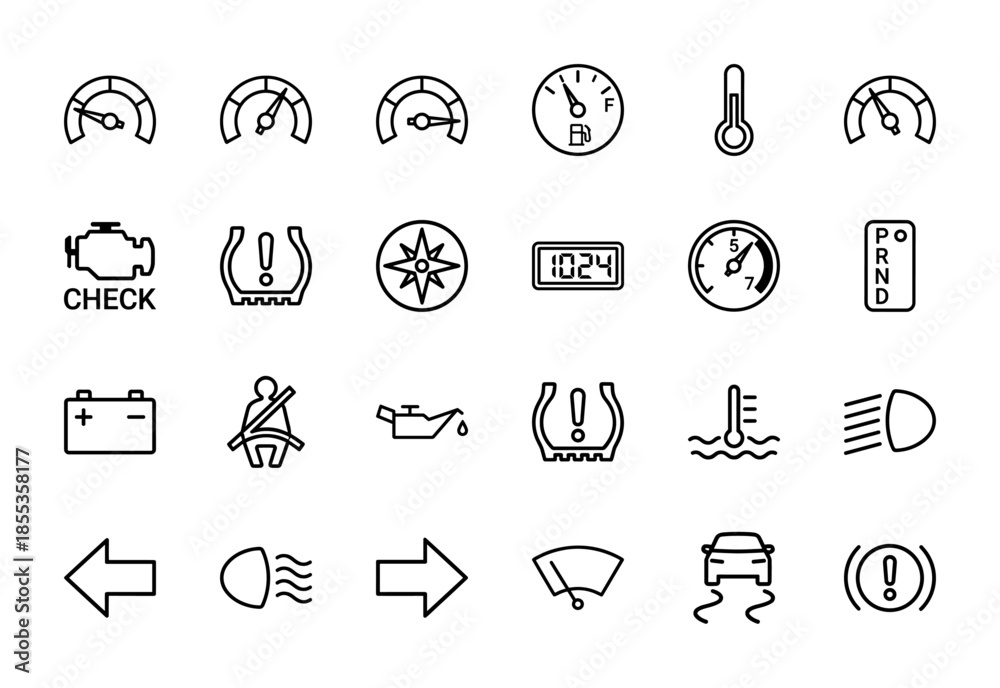 Fototapeta premium Automotive dashboard line icon set. Vector pictograms of speedometer, fuel gauge, engine, battery, oil, tire pressure, and lights, thin outline illustration.