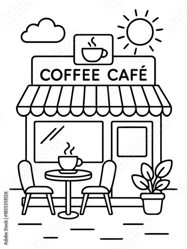 Coffee Cafe Illustration: An inviting illustration of a charming cafe, complete with outdoor seating, a steaming cup of coffee, and a sunny sky, ideal for representing a cozy cafe setting.