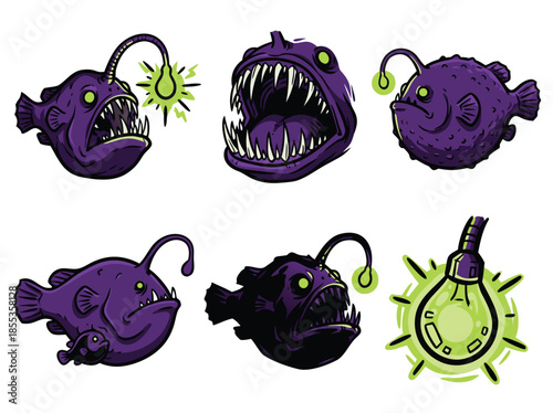 Deep Sea Anglerfish Collection with Luminous Lures and Ferocious Jaws.