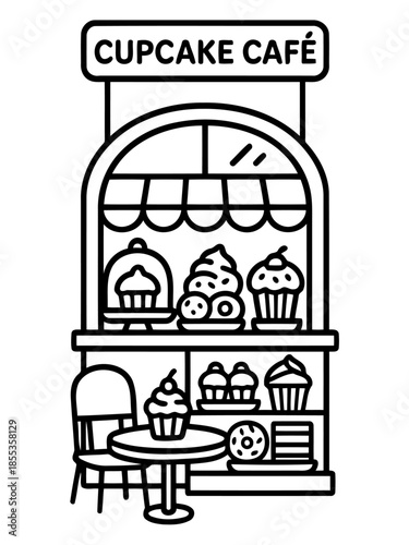 Sweet Treats Display: An inviting cupcake cafe storefront showcases delectable pastries and confections, tempting passersby with sweet indulgence.