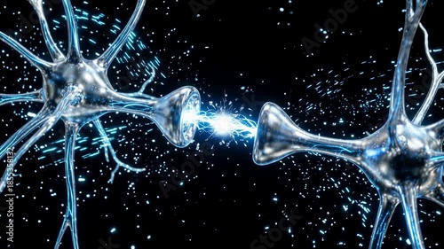 Neurons connect through synapses with electrical and chemical signals visible as glowing transmission between cells. High-contrast blue lighting and particle effects convey activity and network commun