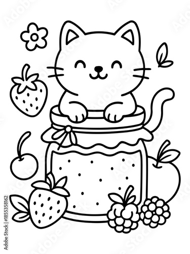 Cat's Sweet Jam Adventure: A cute kitten perched atop a jar of sweet jam surrounded by fruits in a charming illustration.
