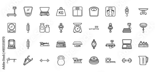 Weight and measurement line icon set. Vector pictograms of kitchen scales, bathroom scales, spring balances, dumbbells, and industrial weighing tools, outline illustration.