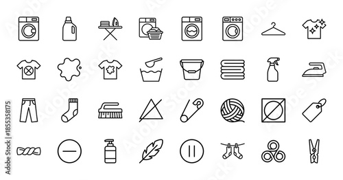 Laundry and garment care line icon set. Vector pictograms of washing machine, iron, hanger, detergent, soap, brush, basket, and clothes, thin outline illustration.