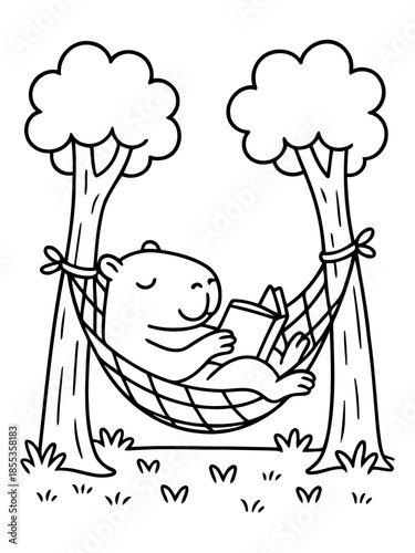 Cozy Read in Hammock: An adorable capybara finds solace in a hammock strung between two trees, engrossed in a captivating book, evoking a sense of tranquility.