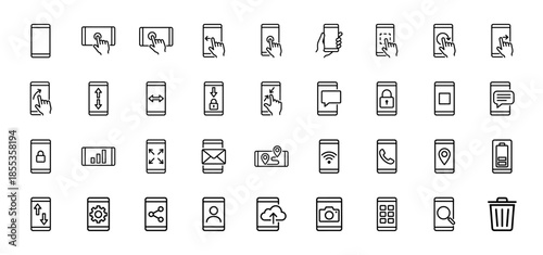 Smartphone mobile interface line icon set. Vector pictograms of touch gestures, connectivity, security, settings, and navigation apps, thin outline illustration.