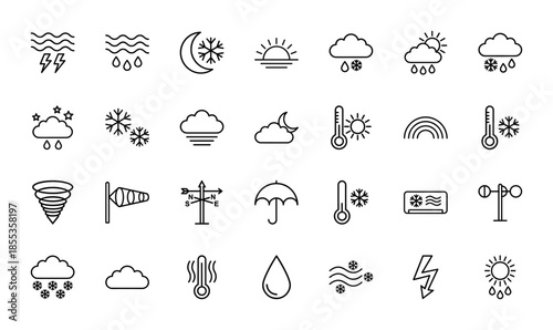 Weather icon set. Vector pictograms of sun, rain, snow, cloud, thermometer, wind, lightning, rainbow, tornado, umbrella and storm, thin line outline illustration.