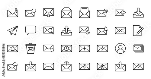 Email and communication line icon set. Vector pictograms of envelope, paper plane, inbox, outbox, message bubble, trash, cloud, lock, and paper, thin outline illustration.