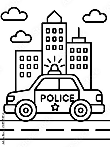 City Sentinel: A bold illustration of a police car patrolling a cityscape, symbolizing law enforcement's presence and safeguarding within an urban environment.