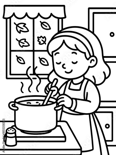 Cozy Kitchen: An illustration of a woman stirring a pot on the stove, with a window showcasing autumn leaves. Capturing the comfort of home cooking and seasonal warmth.