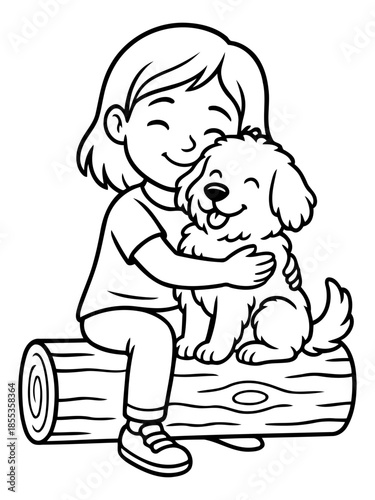 Girl and her Puppy: A heart-warming illustration of a girl and her puppy sitting together, the girl embraces the puppy with a warm hug, they express an unbreakable bond of companionship and affection.